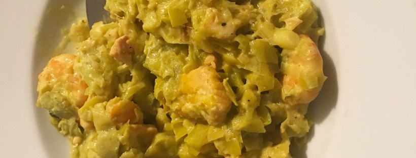 Fondue poireaux crevettes curcuma piment